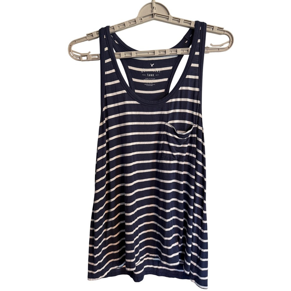 American Eagle Tank Top Nautical Striped Racerback Women Large Blue White